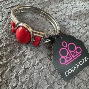 Bundle 3 for $10 Silver toned hinged bracelet with dark red accents